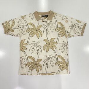 VTG 90’s OP Ocean Pacific Sunwear Men's Hawaiian Polo Shirt Beige Palm Tree Sz L